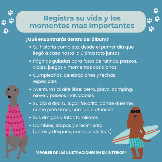 Álbum para perritos "4 patas, una gran historia" + Guía veterinaria + Empaque de REGALO